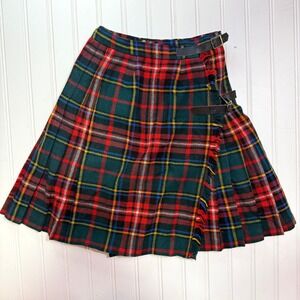 Vintage Scottish Tartan Wool Kilt Skirt Green Red Plaid Girls Size 5/6
